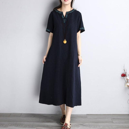 Summer Embroidery Short Sleeve Loose Navy Blue Dress