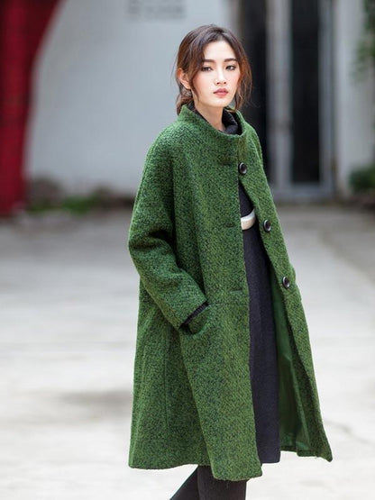 women casual loose woolen coat green