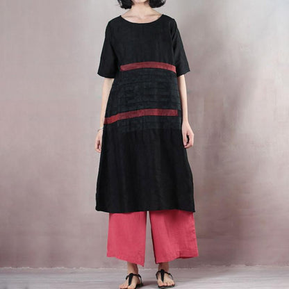 Summer Round Neck Patch Work Stripe Black Dress