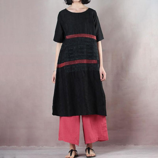 Summer Round Neck Patch Work Stripe Black Dress