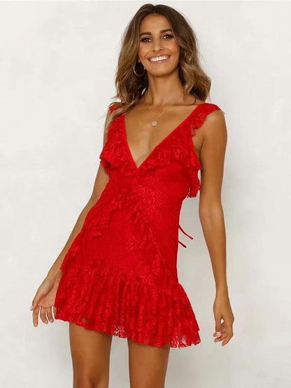 Lace V-neck Backless Falabala Mini Dress