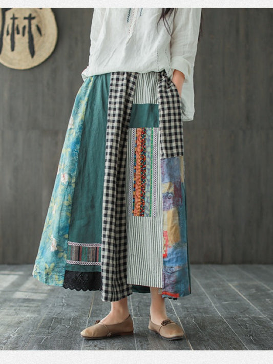 VINTAGE LOOSE CONTRAST COLOR SPLICING A-LINE SKIRT