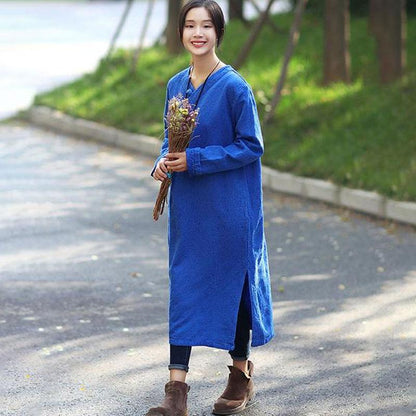 Women Retro Long Sleeve Side Slit Blue Dress
