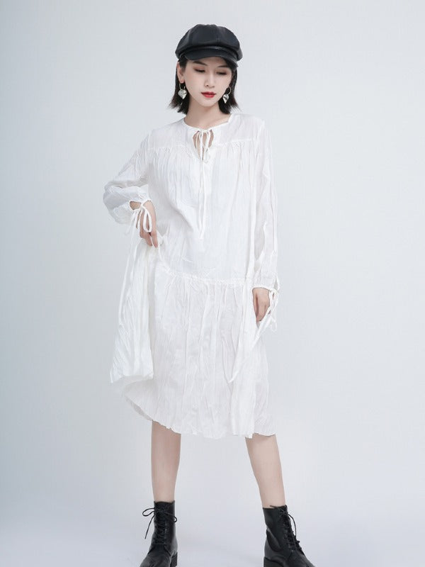 Loose Solid Pleated Lace Up Dress