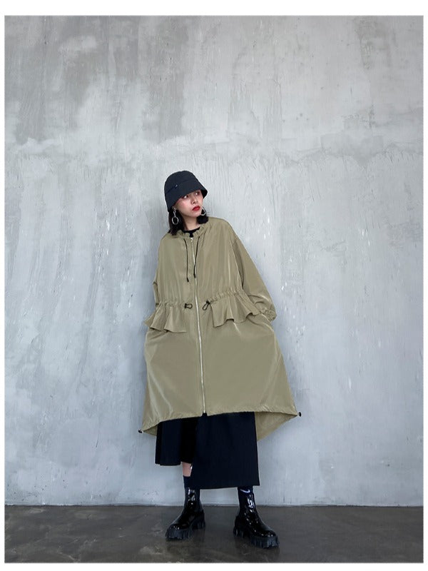 LOOSE FALBALA DRAWSTRING HIGH-LOW SOLID COLOR OUTWEAR