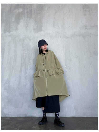 LOOSE FALBALA DRAWSTRING HIGH-LOW SOLID COLOR OUTWEAR