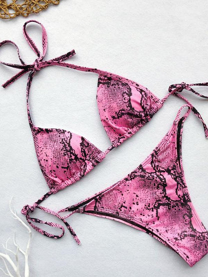 Lace-up Snakeskin Print Scrunch Bikini Set