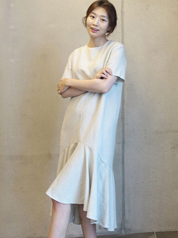 Original Solid Color Short Sleeve Falbala Midi Dress