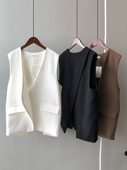 Urban Solid Color Split-Joint With Pocket Split-Back V-Neck Sleeveless Vest Outwear