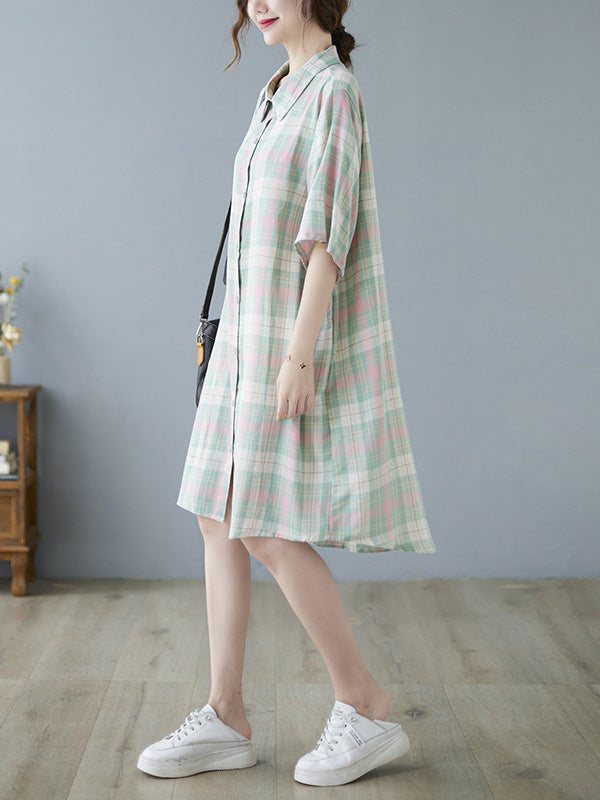 Urban Plaid Half Sleeve Lapel Shirt Dress
