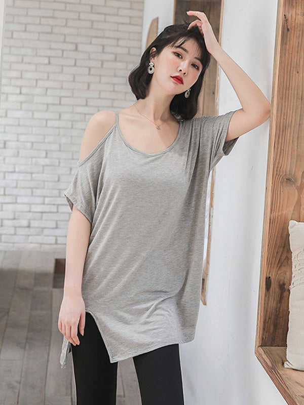 Casual Solid Color Asymmetric Cold Shoulder Spaghetti-Neck T-Shirt