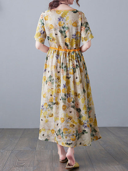 Original Artistic Retro Loose Tied Floral Printed Pleated V-Neck Short Sleeves Midi Dress