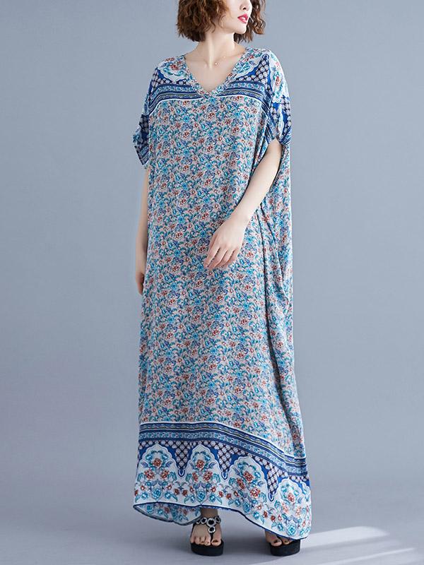 New Printed Batwing Sleeve Maxi Dress