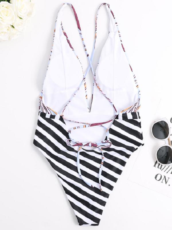 V-Neck Stripe Stitching Printing One-Piece Swimwear