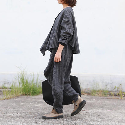 Buykud Irregular Stripe Short Coat And Casual Pants