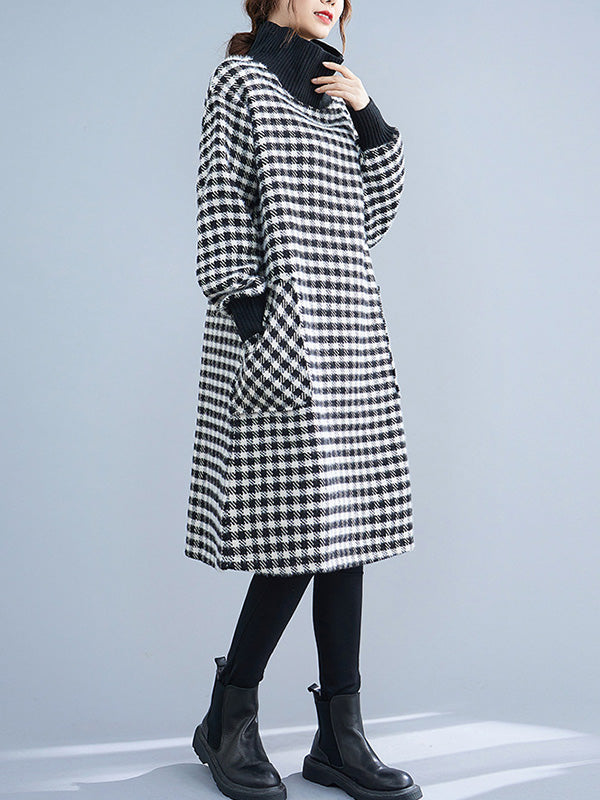 Casual Loose Plaid With Pocket High-Neck Long Sleeves Midi Dress