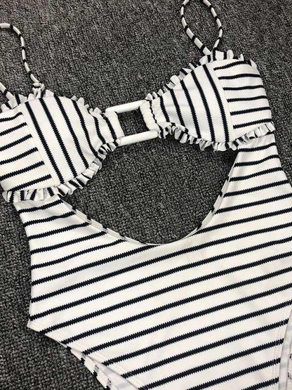 Stripes-Print Hollow One-Piece Swimwear
