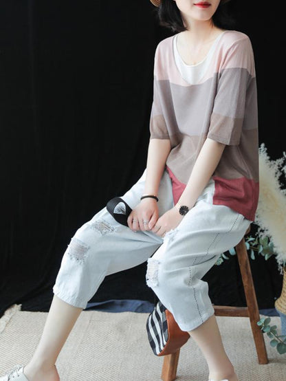 Casual Meryl Striped Split-side T-shirt