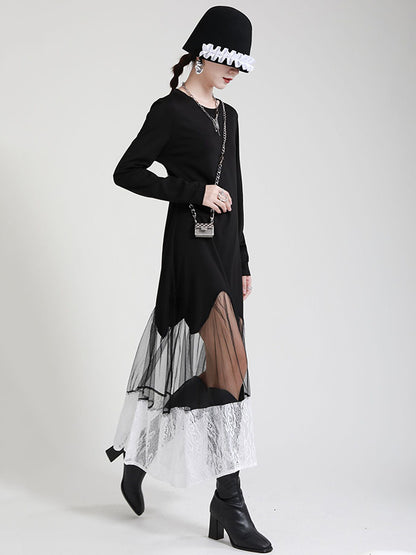 Stylish Original Split-Joint Embroidered Hollow Lace Round-Neck Long Sleeves Maxi Dress