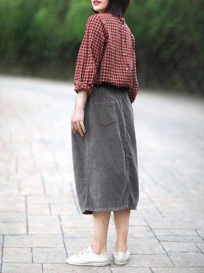 Linen Back-button Plaid Loose Blouse Top