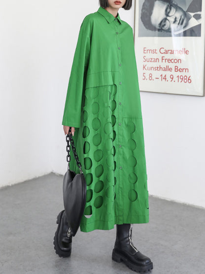 Stylish Solid Color Asymmetric Lapel Long Sleeves Midi Dress