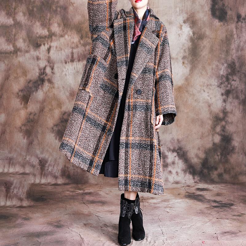 Buykud Tailored Collar Plaid Fashion Casual Trench Coat
