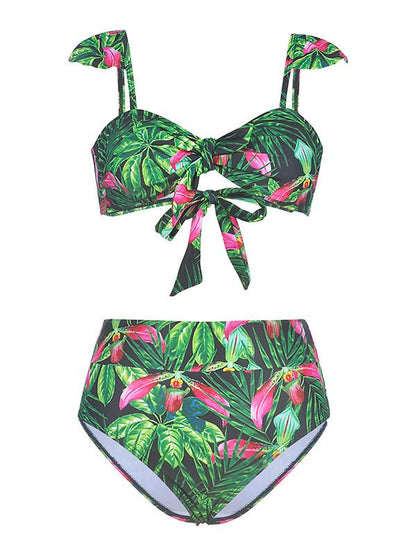Tropical Print Tie Front Bikini Swimsuit