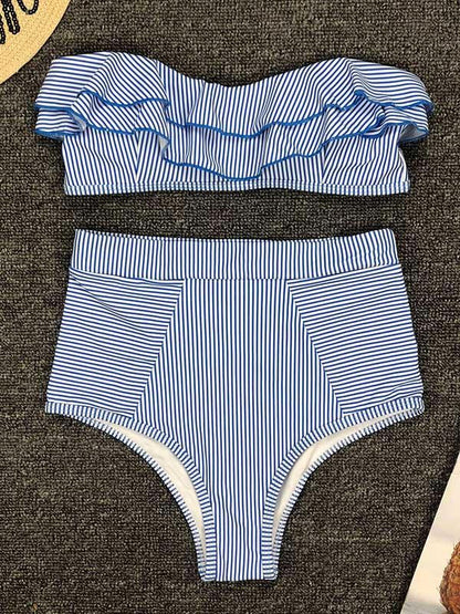 Striped Ruffled With High Waist Bikini Set