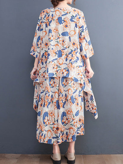 Loose Artistic Retro Floral Printed T-Shirt Top&Wide Legs Pants 2 Pieces Set
