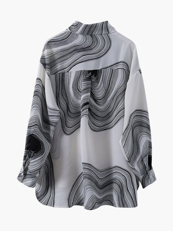 Urban Printed Buttoned Asymmetric Lapel Blouses Tops