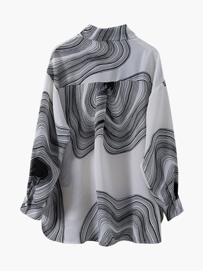 Urban Printed Buttoned Asymmetric Lapel Blouses Tops