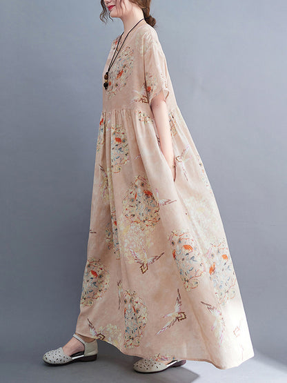 Artistic Retro Loose Floral Printed Pleated Half Sleeves Midi Dress