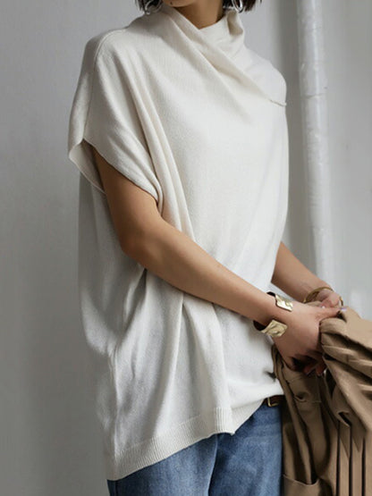 Casual Irregular Solid Color Pleated Heaps Collar Short Sleeves T-Shirt