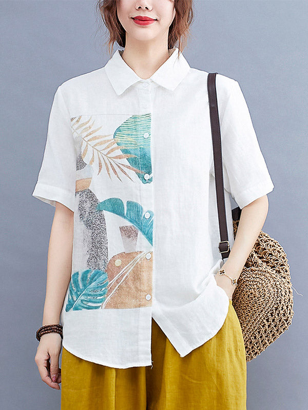 Original Leaves Printing Lapel Blouse