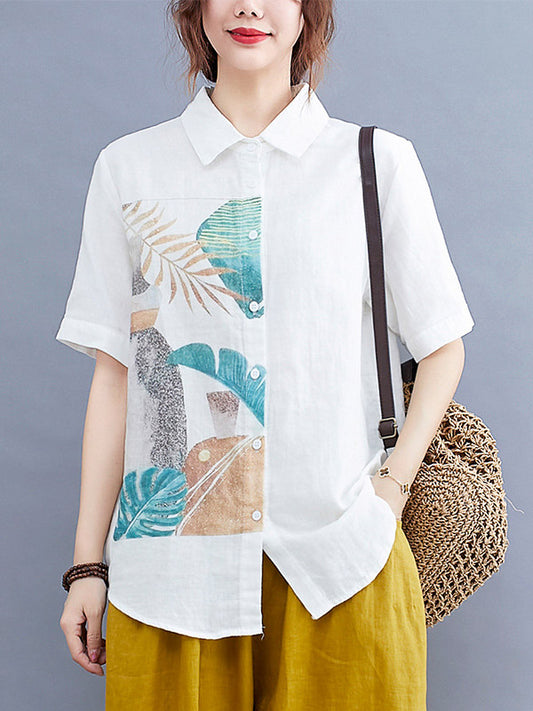 Original Leaves Printing Lapel Blouse