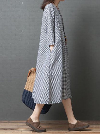 Loose Plaid Round-neck Long Sleeves Dress