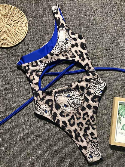 One Shoulder Hollow Leopard One Piece Swimsuit