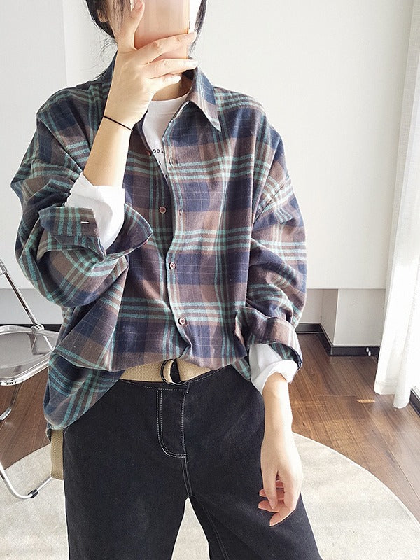 Loose Casual Plaid Cropped Lapel Shirt