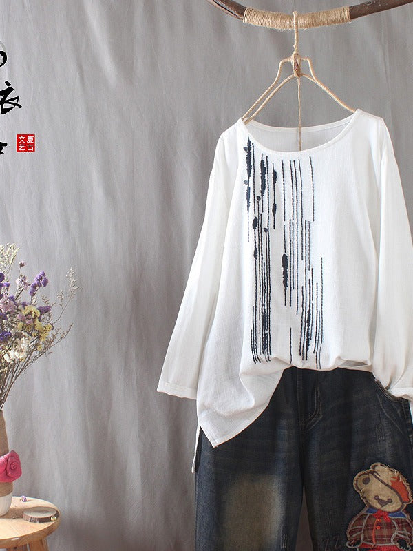Vintage Loose Embroidered Long-Sleeve T-Shirt