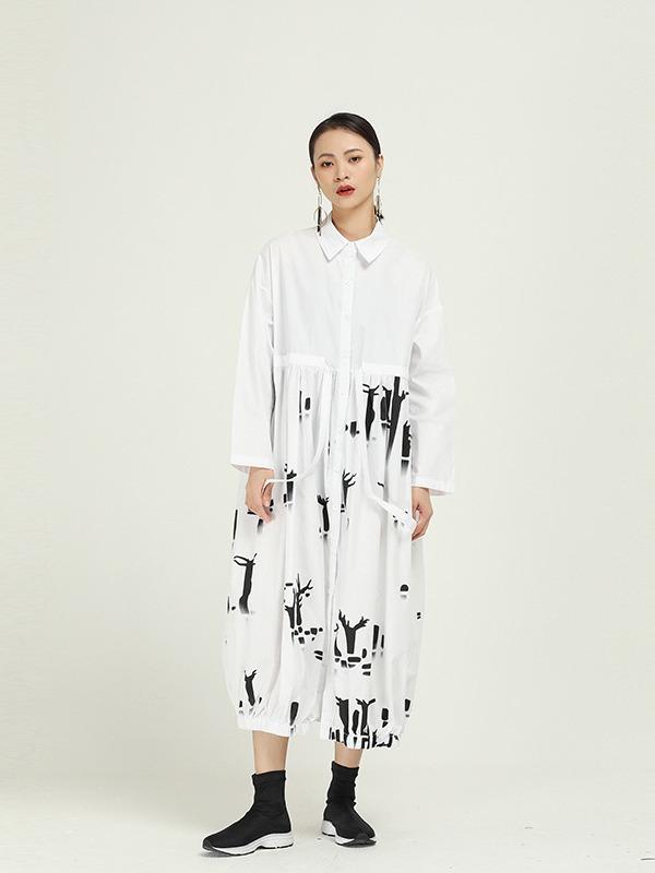 Vintage Splicing Print Drawstring Dress