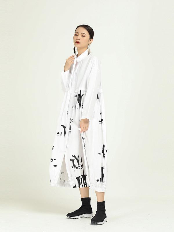 Vintage Splicing Print Drawstring Dress
