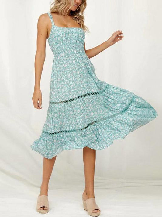 Printed Hollow Split-joint Spaghetti-neck Maxi Dress