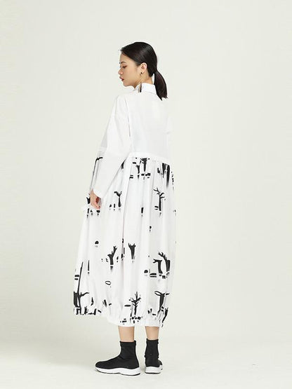 Vintage Splicing Print Drawstring Dress