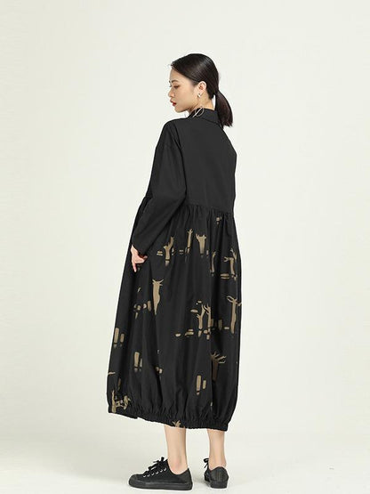 Vintage Splicing Print Drawstring Dress