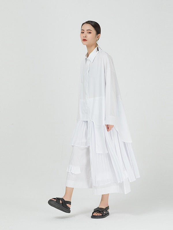 Cropped Splicing Pleated Shirt Midi Dress