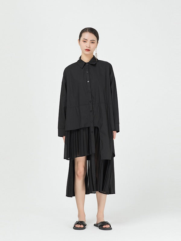 Cropped Splicing Pleated Shirt Midi Dress