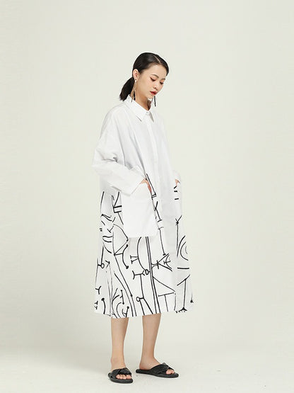 Loose Cropped Graffiti Print Splicing Shirt Dress
