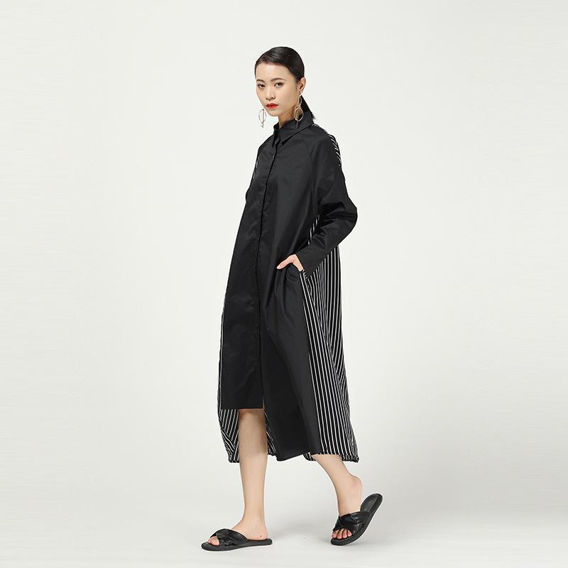 Stripe Cropped Splicing Polka Dot Shirt Midi Dress