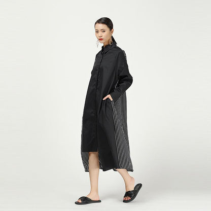 Stripe Cropped Splicing Polka Dot Shirt Midi Dress