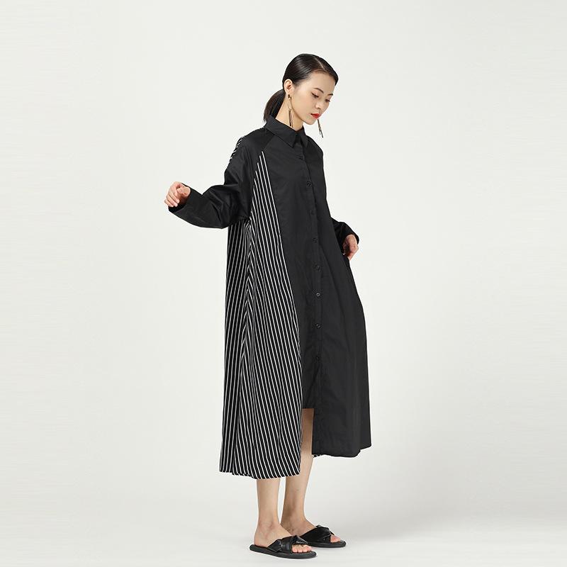 Stripe Cropped Splicing Polka Dot Shirt Midi Dress